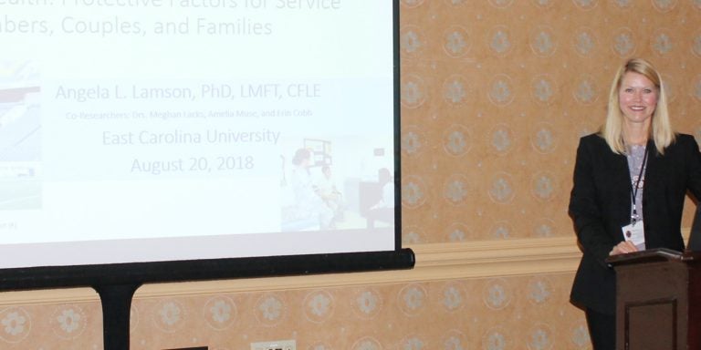 Angela Lamson, associate dean for reseasch in East Carolina University’s College of Health and Human Performance, shares her presentation on military family readiness at the 2018 Military Health System Research Symposium. (Contributed Photo)